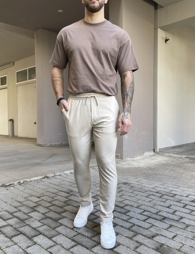 Ανδρικό μπεζ υφασμάτινο παντελόνι loose fit FCL005 φωτογραφία